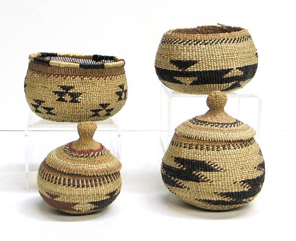 Appraisal: Four Northwest California baskets Including two lidded examples diameter -