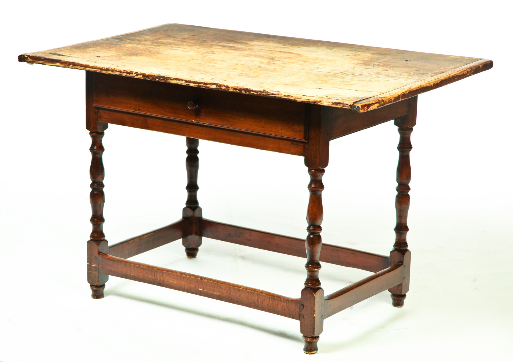 Appraisal: AMERICAN TAVERN TABLE Nineteenth century maple Scrubbed one-board top with