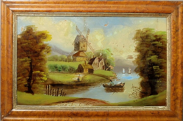 Appraisal: - English reverse painted on glass windmill painting late th