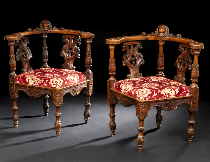 Appraisal: Pair of Italian Carved Walnut Corner Chairs late th century