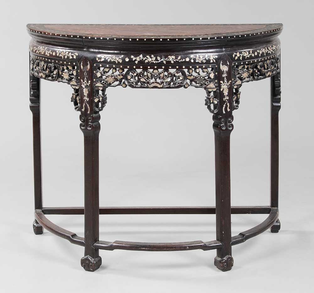 Appraisal: Mother-of-Pearl Inlaid Marble-Top Pier Table Chinese mahogany and rosewood elaborately