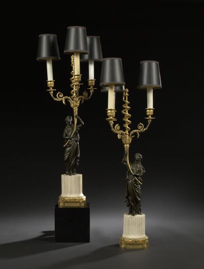 Appraisal: Pair of French Bronze and Marble Three-Light Figural Candelabra fourth