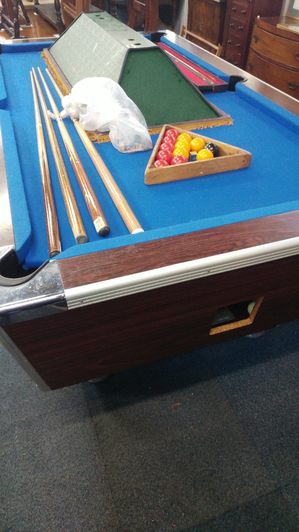 Appraisal: A pub pool table with slate bed cues lights etc