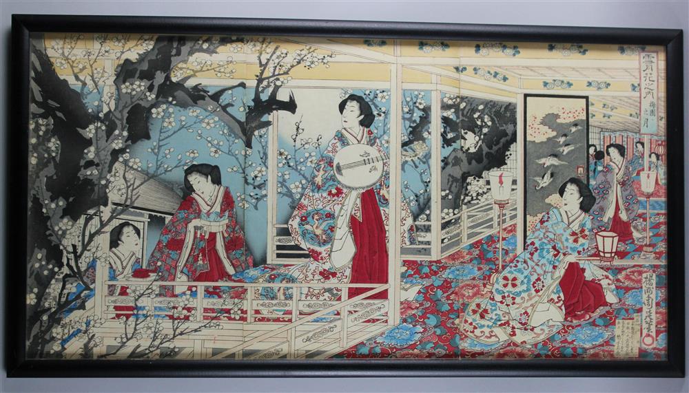 Appraisal: THREE JAPANESE WOODBLOCK TRIPTYCHS BY YOSHU CHIKANOBU all framed and