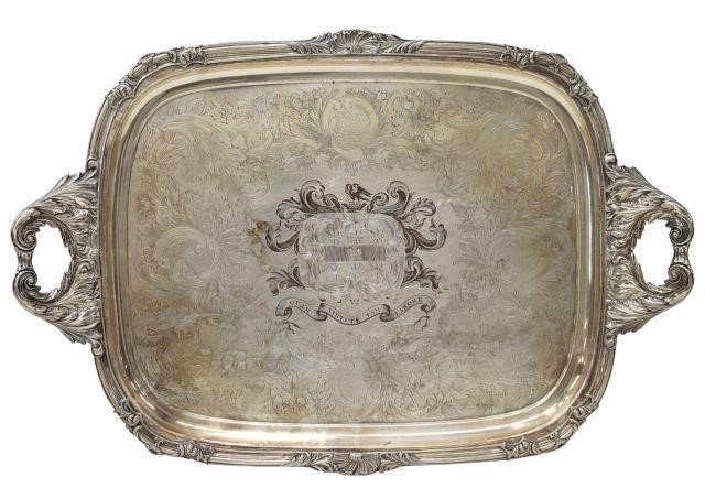 Appraisal: English silverplate tray th c foliate scroll handles chased tray