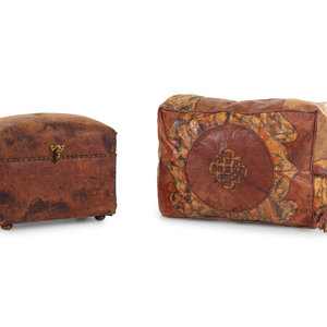 Appraisal: A Leather Upholstered Trunk and Pouf th th Century Height