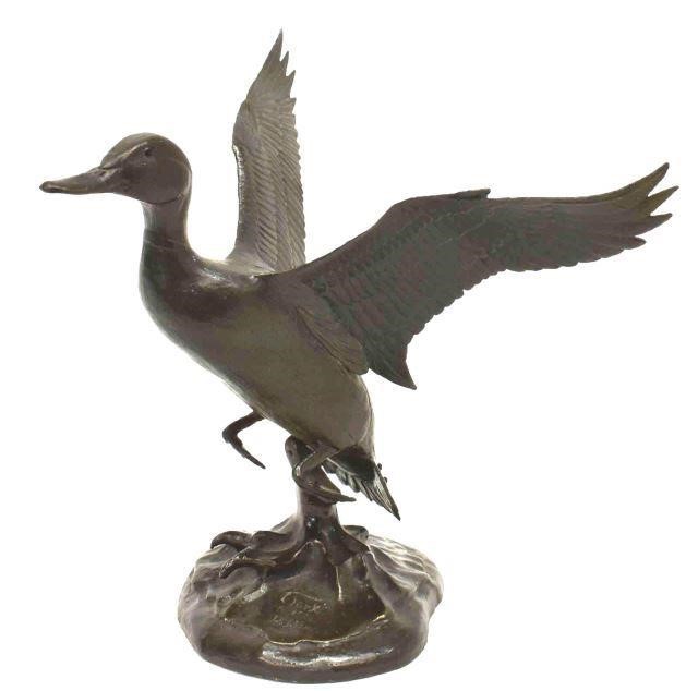 Appraisal: Patinated bronze wildlife sculpture Duck in Flight signed Clark Clark