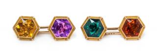 Appraisal: A Pair of Yellow Gold Tourmaline Amethyst and Citrine Cufflinks