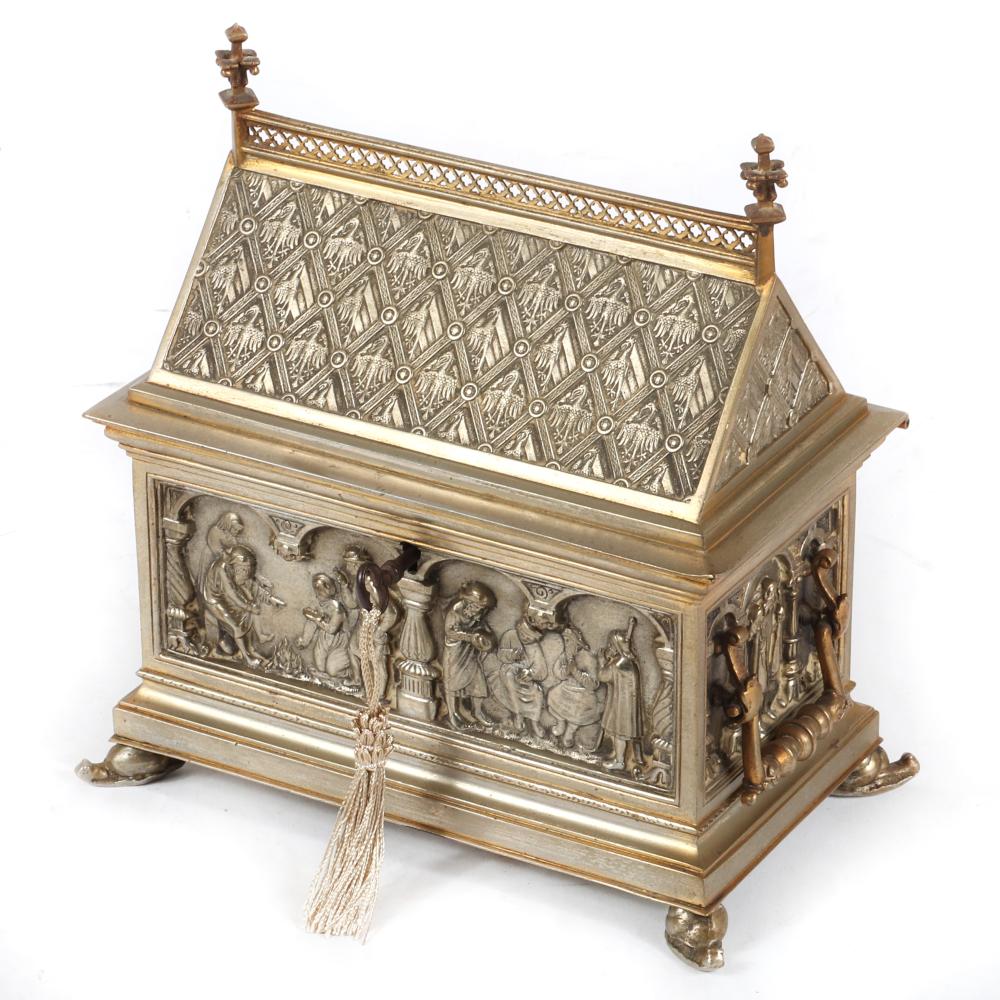 Appraisal: CONTINENTAL SOLID BRASS GOTHIC REVIVAL RELIQUARY CASKET WITH FIGURAL PANEL