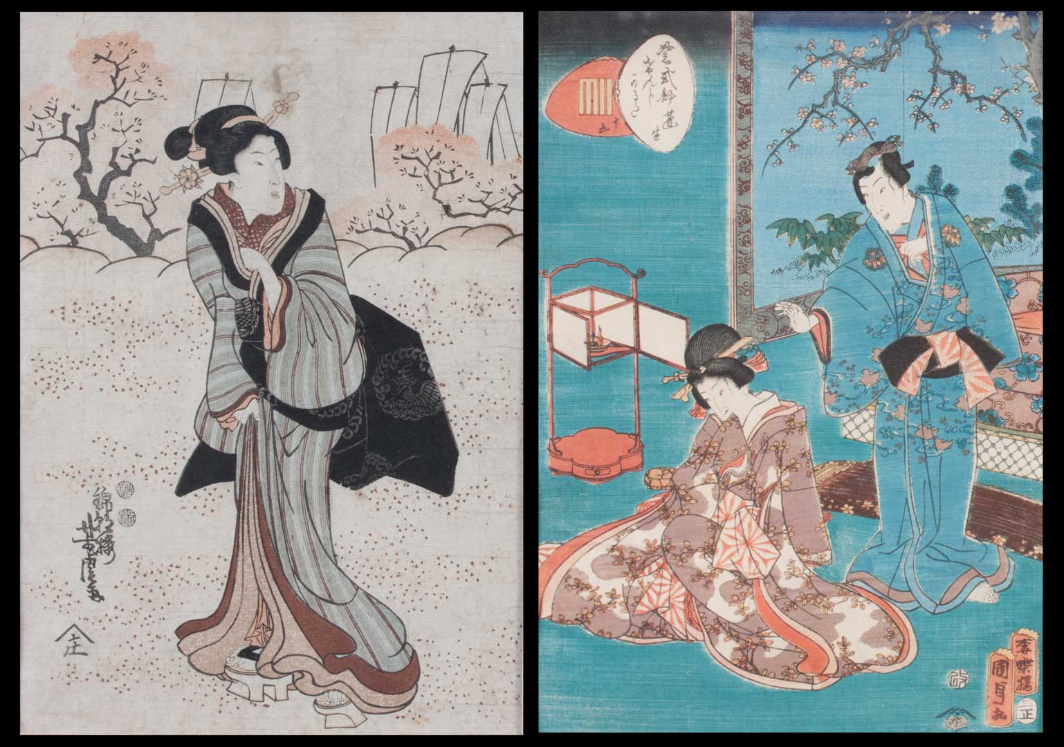 Appraisal: Two Japanese color woodblock prints th century Geisha in a