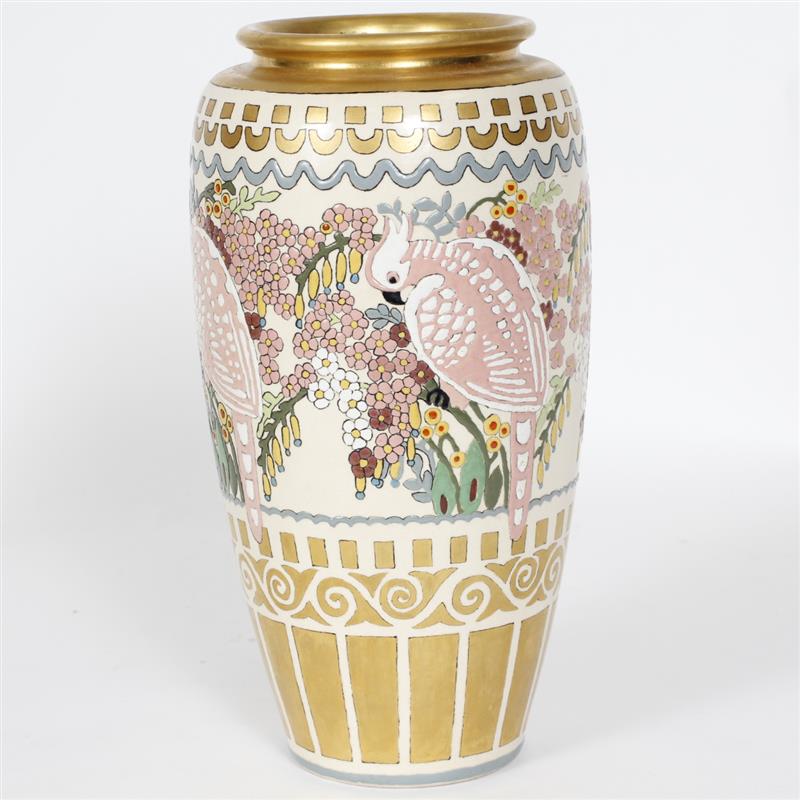 Appraisal: American China Painters Satsuma porcelain vase with cockatoos and pink