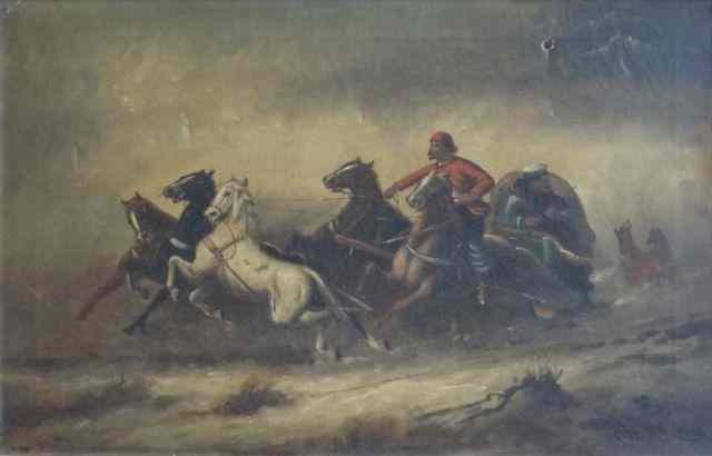 Appraisal: Signed O C of Horses Carriage Chased by Wolves As