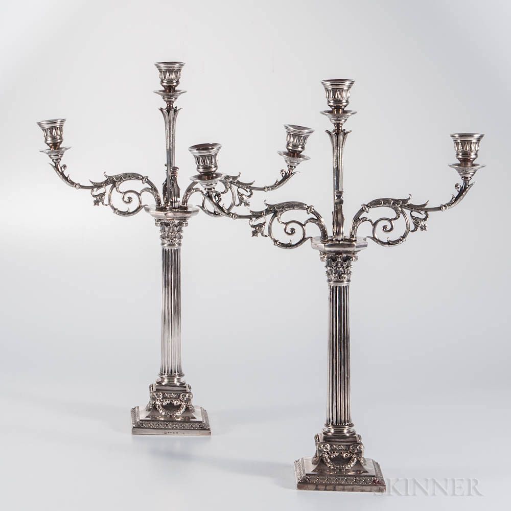 Appraisal: Pair of Victorian Silver-plated Three-light Candelabra Pair of Victorian Silver-plated