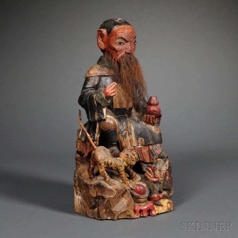 Appraisal: Polychrome Wood Statue of an Official China with fiber beard