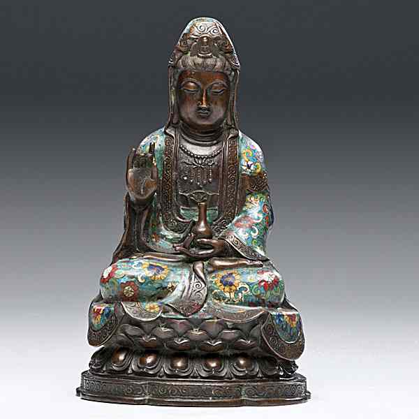 Appraisal: Bronze Chinese Cloisonn Guanyin Chinese Bronze cloisonn Guanyin figure seated