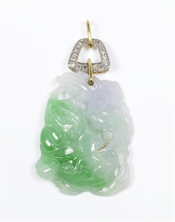 Appraisal: JADEITE AND DIAMOND PENDANT Yellow and white gold Fancy pendant