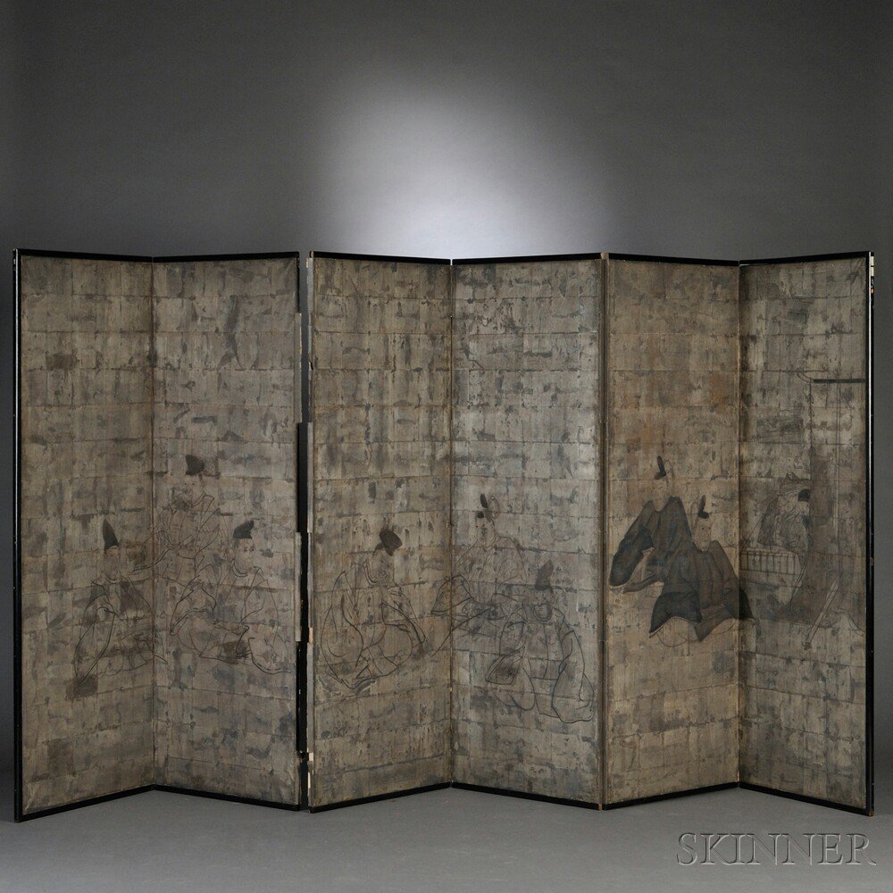 Appraisal: Six-panel Screen Depicting Poets Japan th century depicting in brushwork