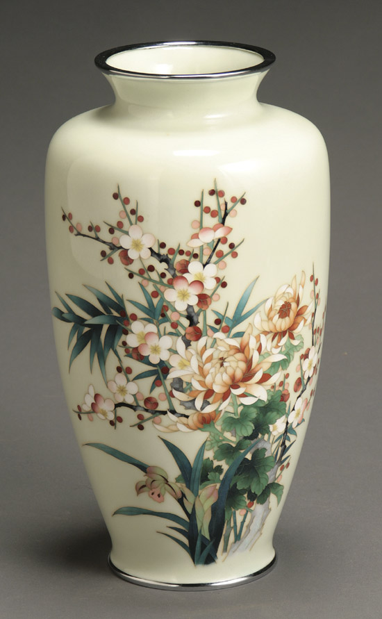 Appraisal: Japanese Cloisonn Enamel Lime-Green Ground Vase Inlaid seal for the