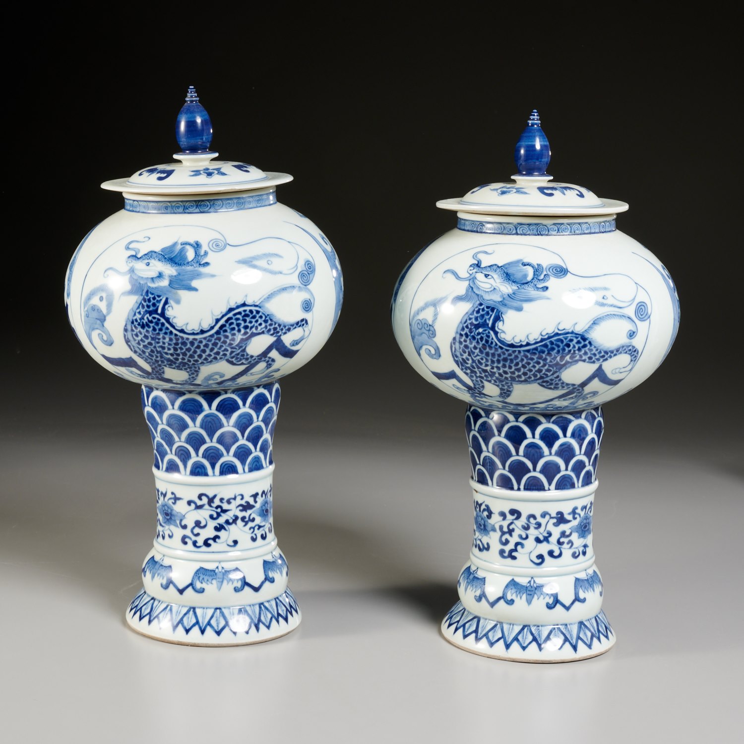 Appraisal: PAIR CHINESE BLUE AND WHITE JARS AND COVERS Qing Dynasty