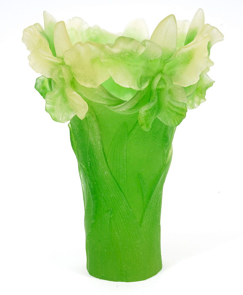 Appraisal: Daum Pate de Verre Green Iris Vase Daum Pate de