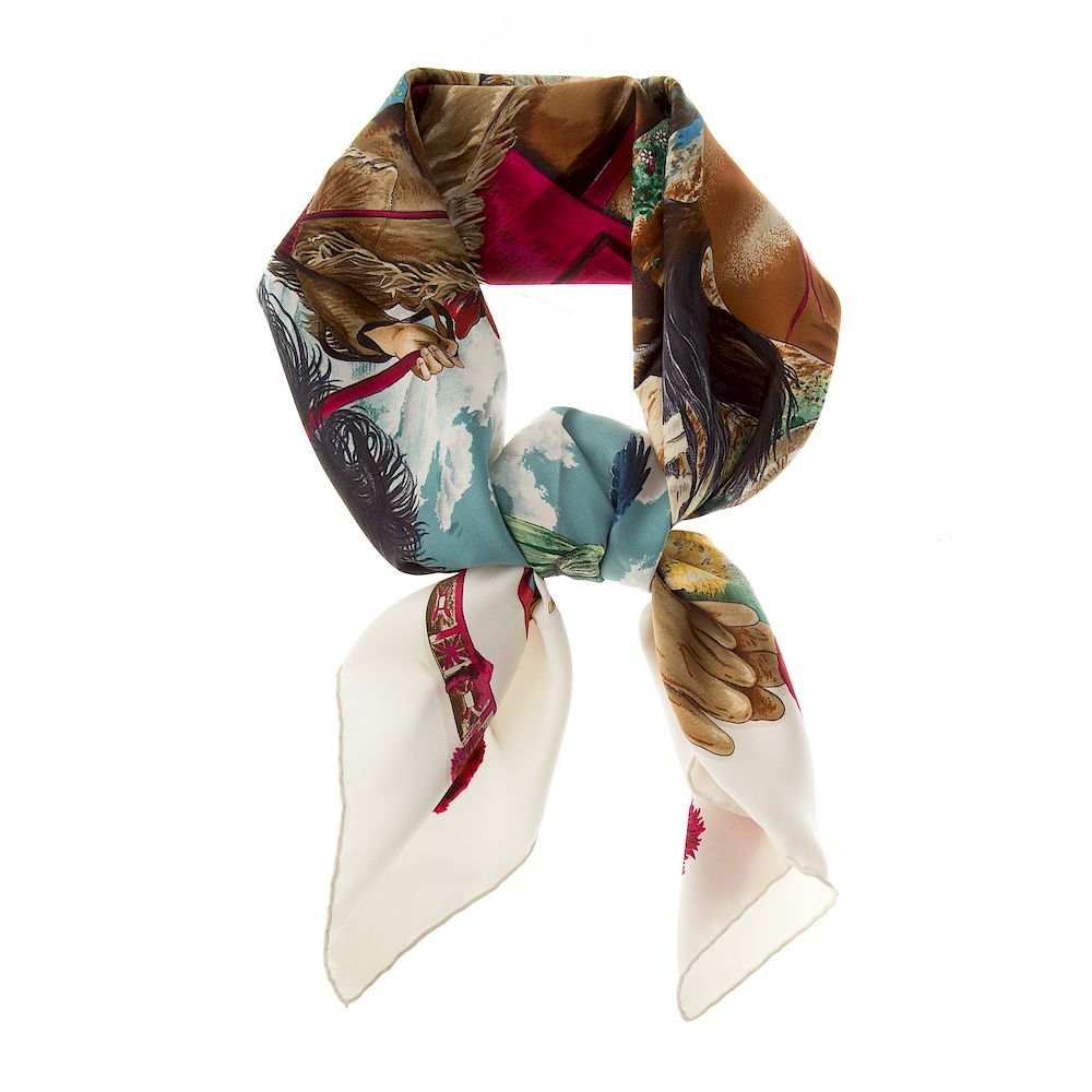 Appraisal: A Hermes The Pony Express Scarf White and multicolor Hermes