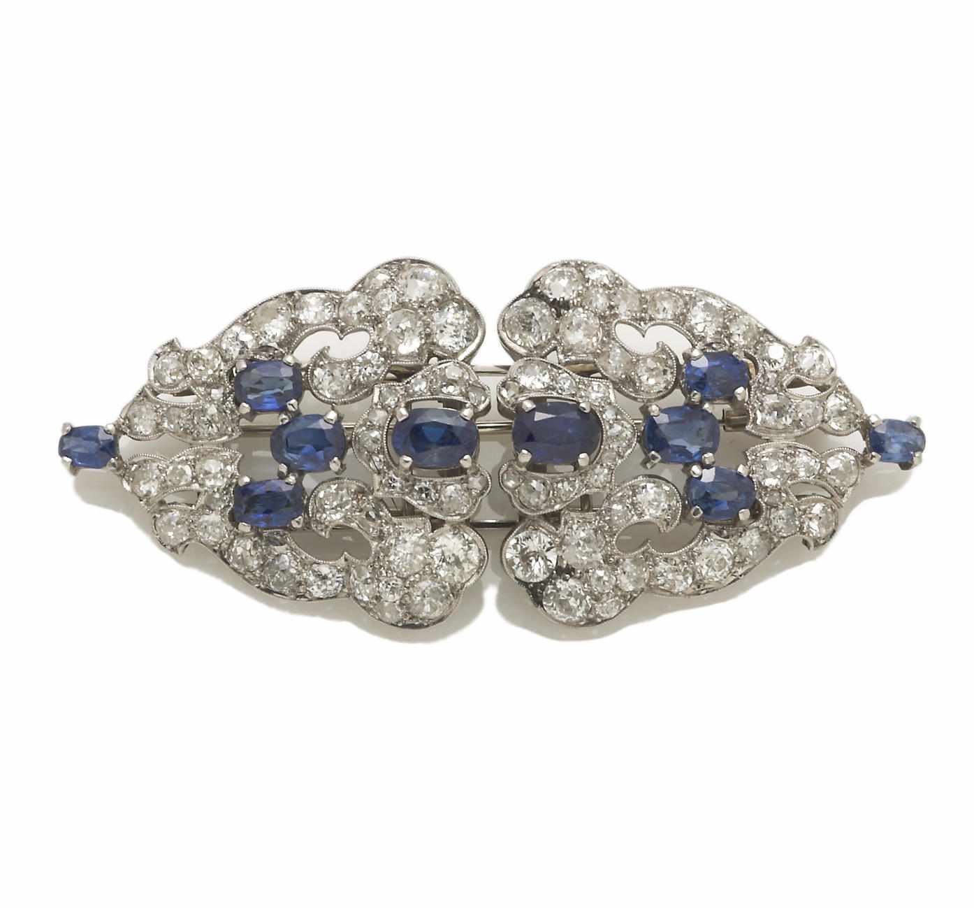 Appraisal: An art deco sapphire and diamond double-clip brooch estimated total