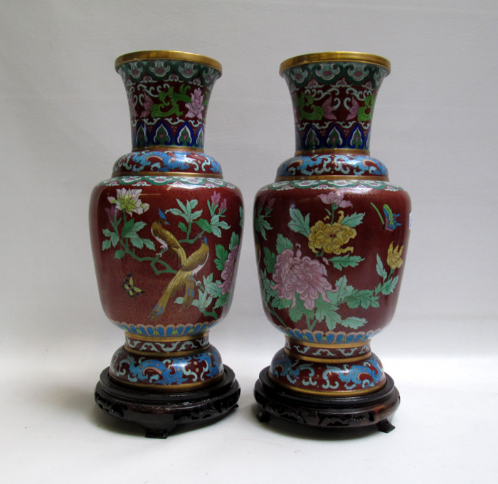 Appraisal: PAIR CHINESE CLOISONNE VASES raised on hardwood plinths the baluster