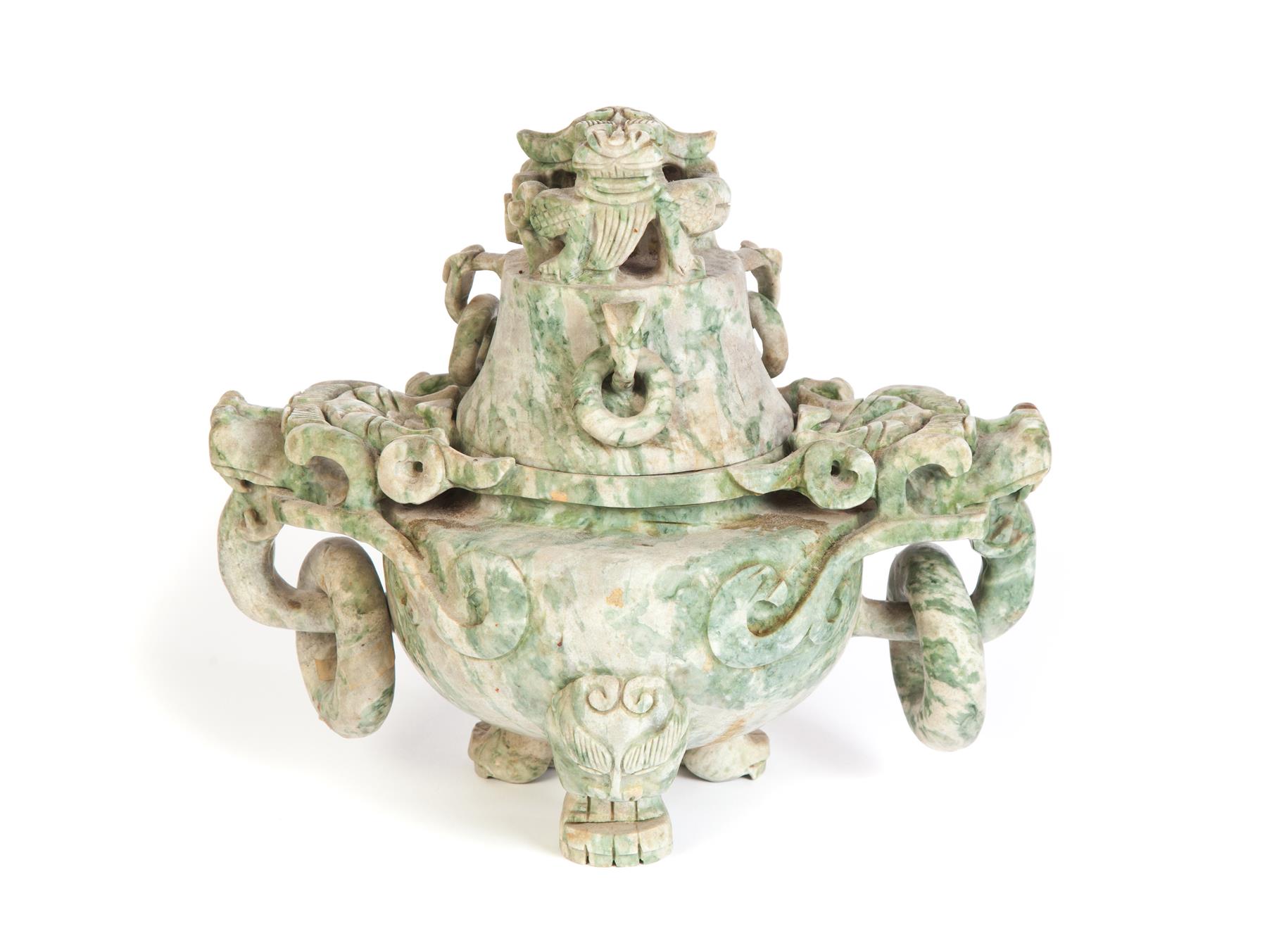 Appraisal: LARGE SOAPSTONE ASIAN COVERED URN Twentieth century Variegated greens dragon