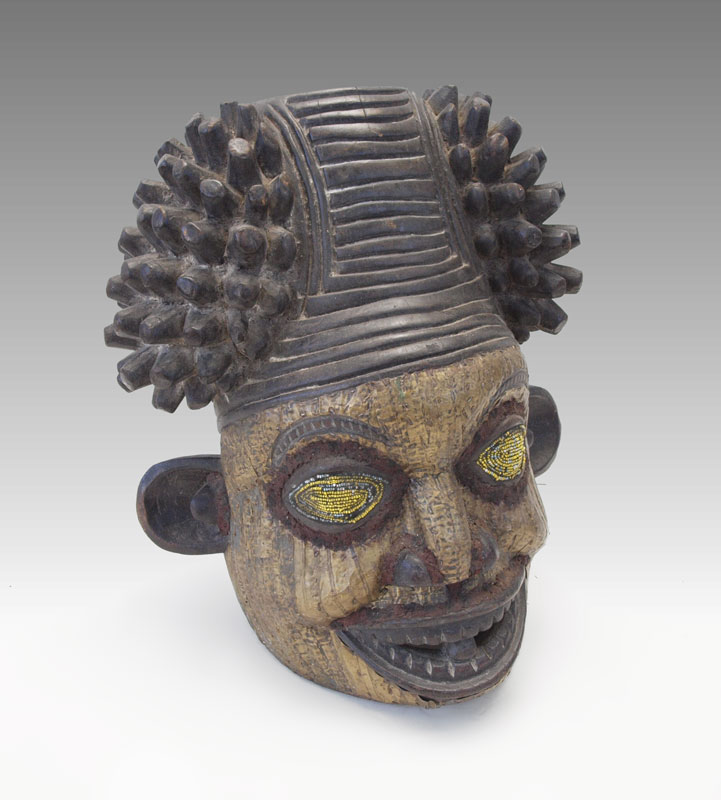 Appraisal: CARVED AFRICAN BAMILEKE MASK WITH BEADS AND APPLIED METAL HEADDRESS