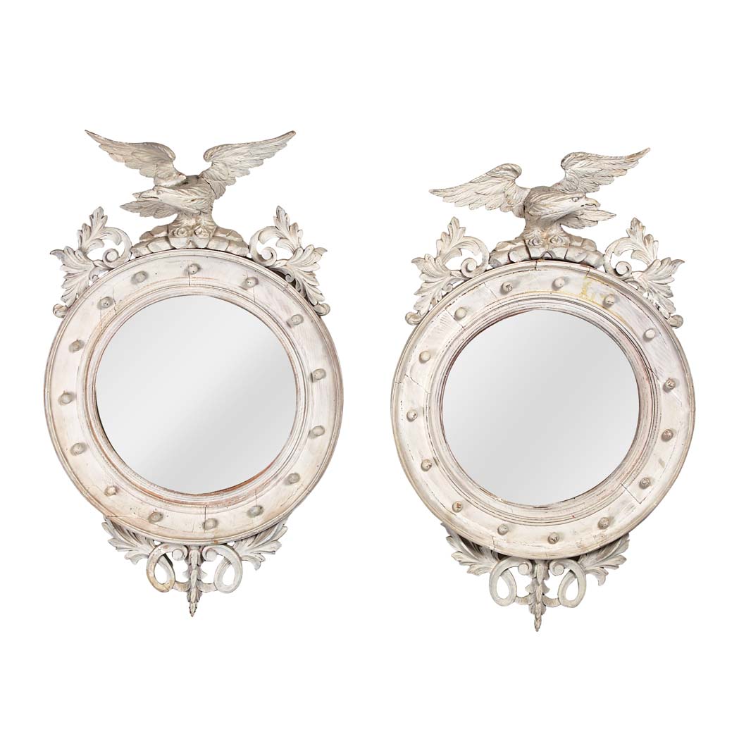 Appraisal: Pair of Regency Style Limed Wood Convex Mirrors Each circular