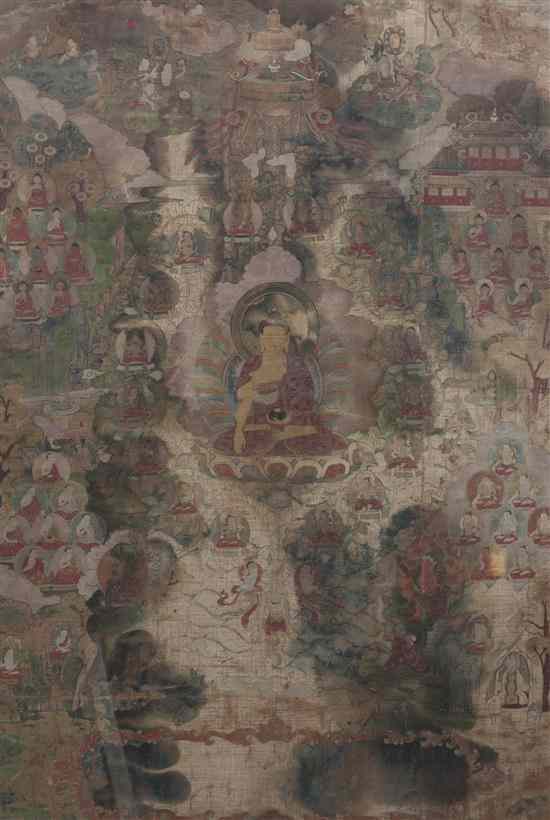 Appraisal: A Sino-Tibetan Thangka depicting a central seated deity surrounded by