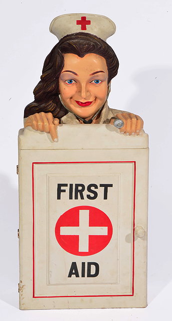 Appraisal: A PAINTED WALL HANGING FIRST AID CABINET with a head