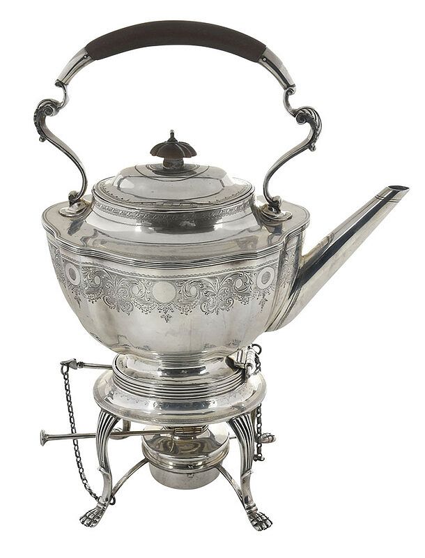 Appraisal: English Silver Teapot on Stand London urn form engraved decoration