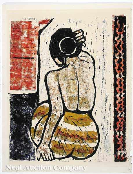 Appraisal: Chalood Nimsamer Thai b pair of wood cuts on paper