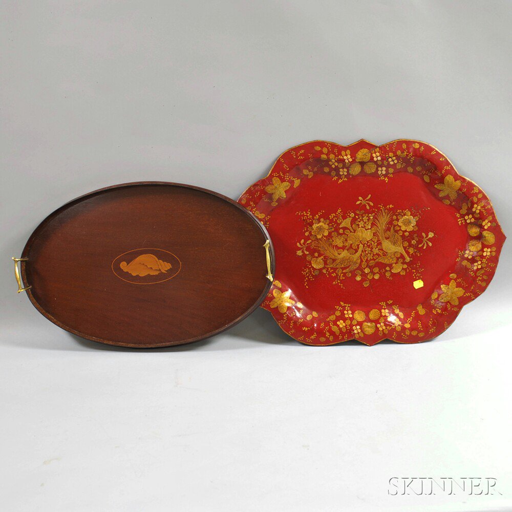 Appraisal: Two Trays th th century a red tole tray depicting