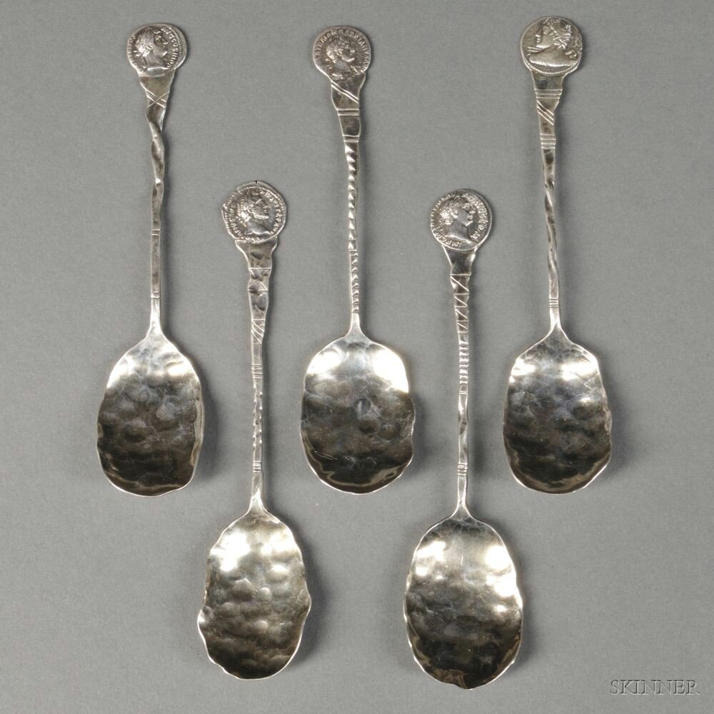 Appraisal: Five American Silver Teaspoons Mounted with Antique-style Coins late th