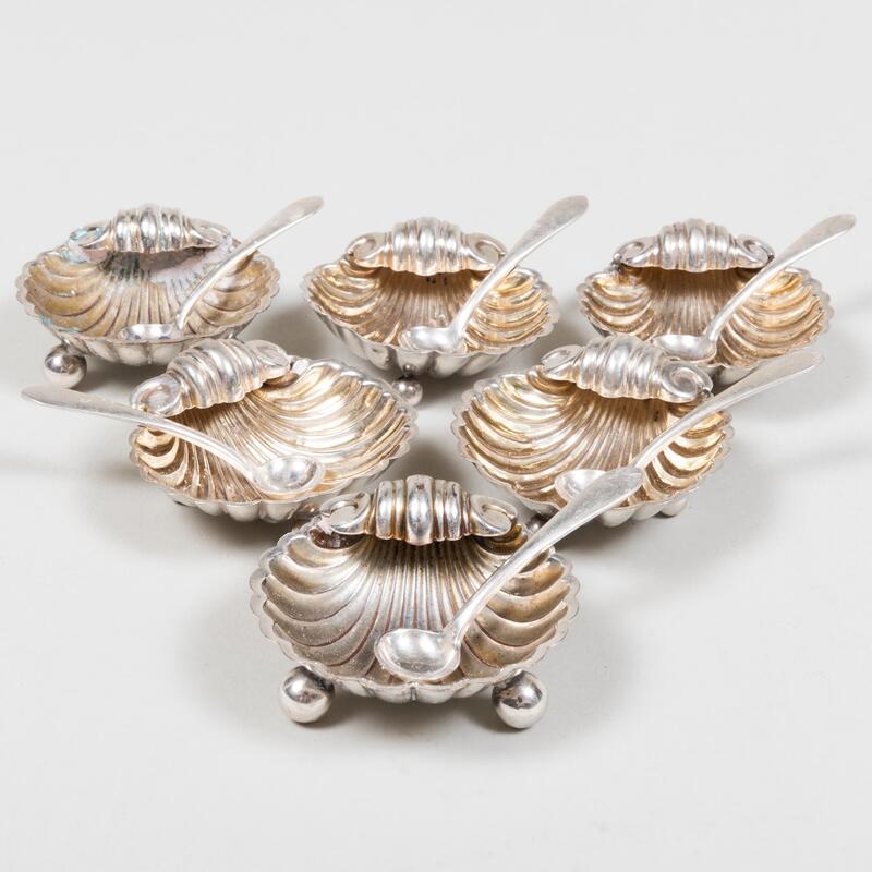 Appraisal: Set of Four English Silver Shell Form Salts and Six