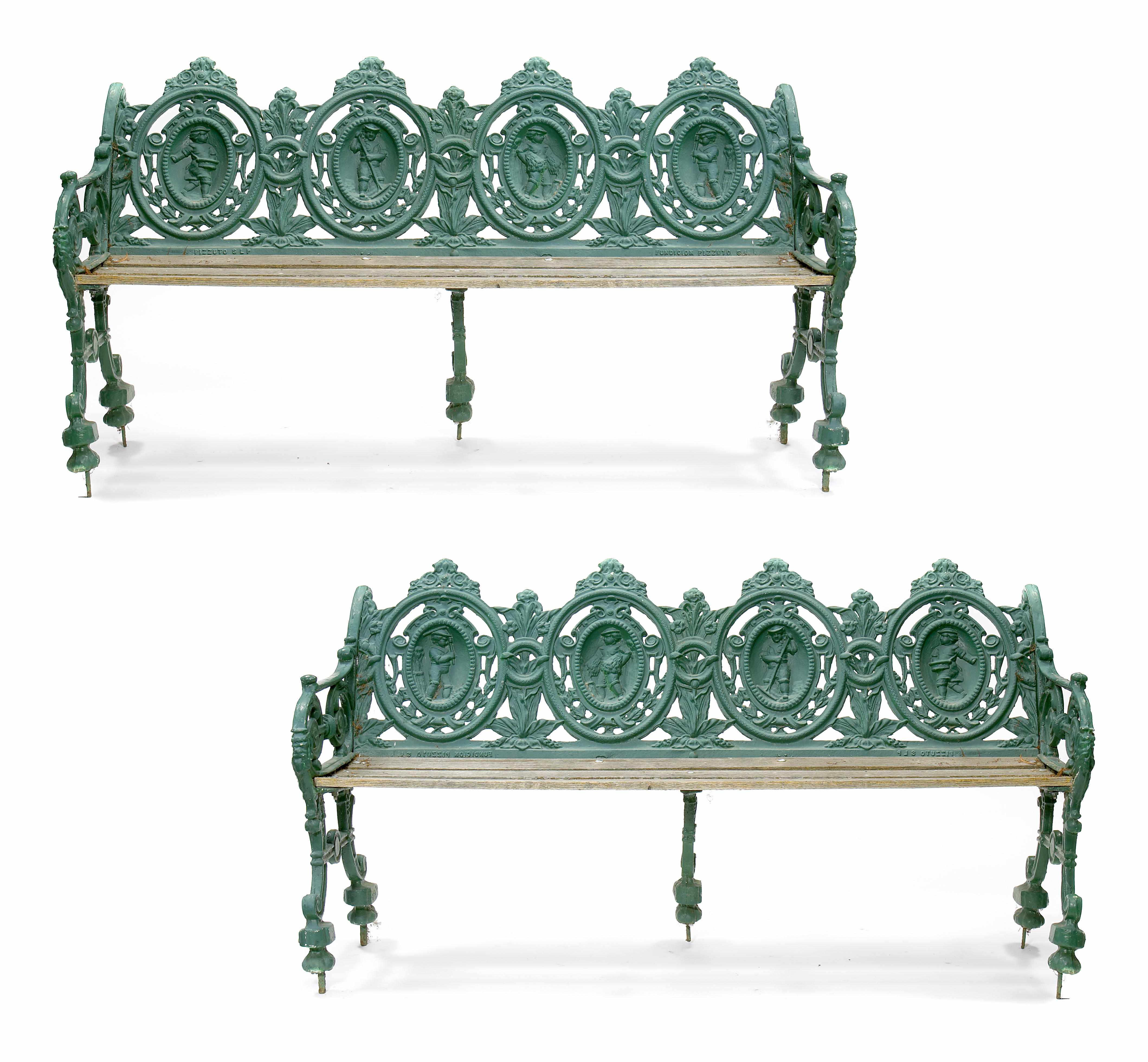 Appraisal: A pair of Neoclassical style cast iron garden benches The