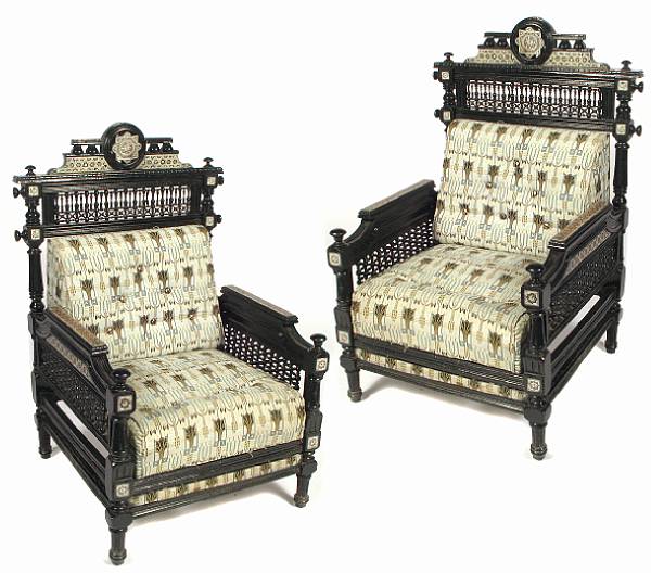 Appraisal: A pair of Moorish ebonized and inlaid armchairs height in