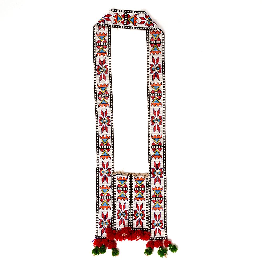 Appraisal: Woodlands Beaded Bandolier Bag Woodlands bandolier bag in a vibrant