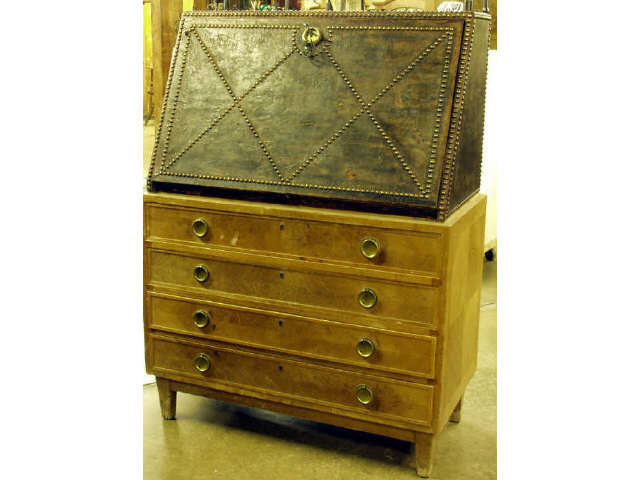 Appraisal: Drop front writing desk on four drawer base the upper