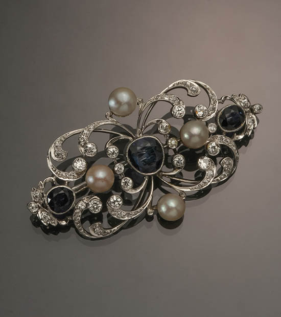 Appraisal: Edwardian Tested Platinum Blue Sapphire Pearl and Diamond Brooch Circa