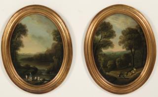 Appraisal: PAIR OF FRAMED ITALIAN OVAL WATERCOLORS ON TIN PAIR OF