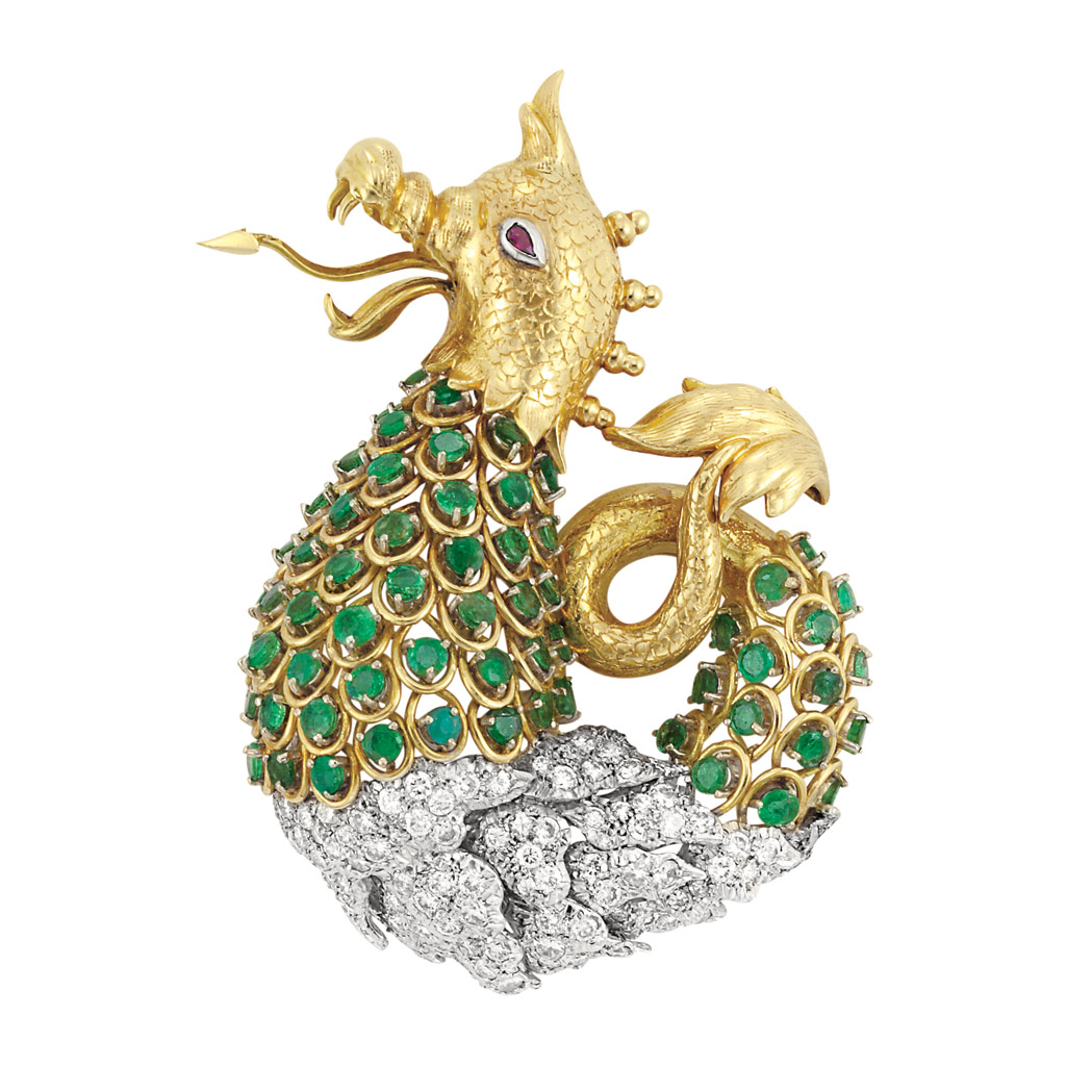 Appraisal: Gold Emerald Diamond and Ruby Sea Dragon Clip-Brooch Yellow white