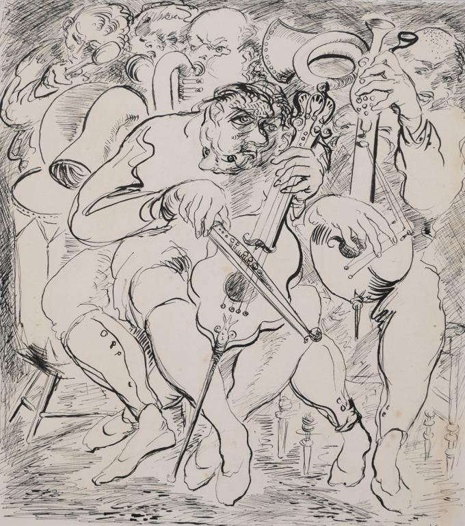 Appraisal: GULLIVER'S TRAVELS EXPRESSIONISTS DRAWINGPen and ink drawing showing musicians Initial