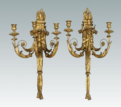 Appraisal: Pair giltwood sconces Louis XVI style flamed finials above three