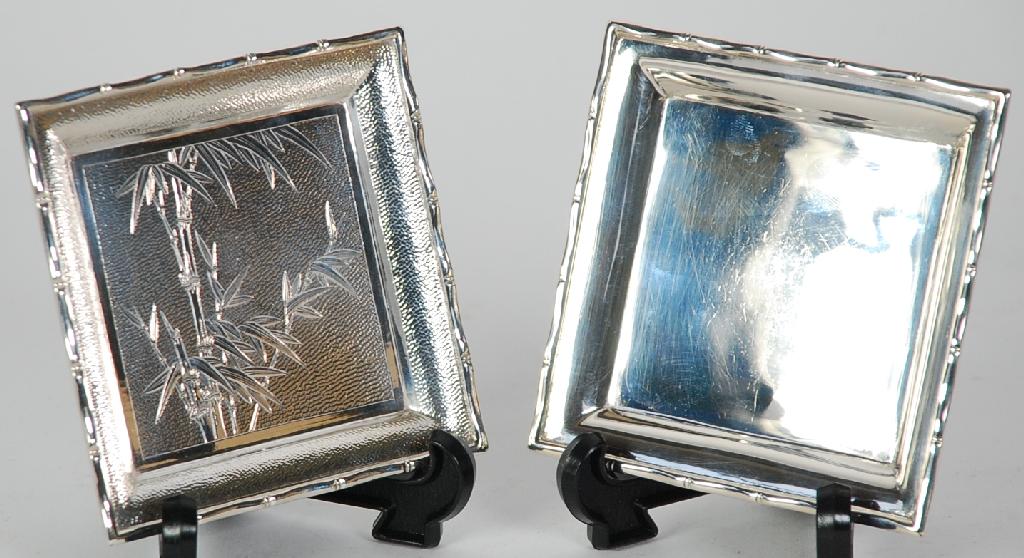 Appraisal: TWO HONG KONG STERLING SILVER SQUARE TRAYS one plain the