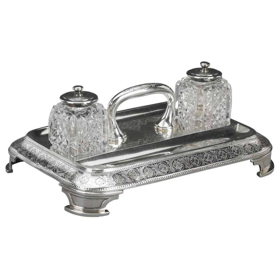 Appraisal: Victorian Silver Inkstand Frederick Elkington London with two cut glass