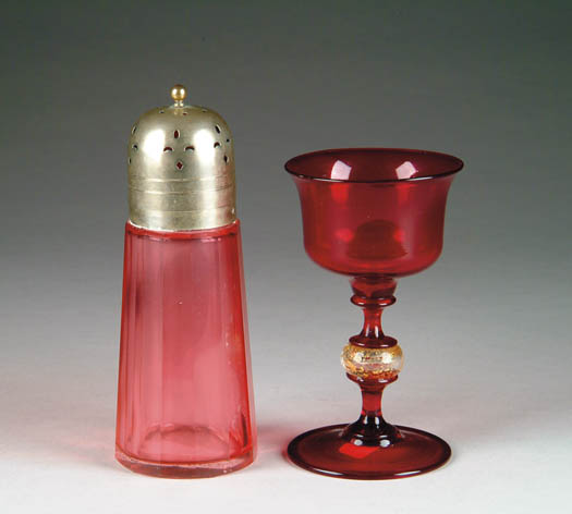 Appraisal: TWO PIECES OF RED GLASS TABLEWARE h cranberry silver plated