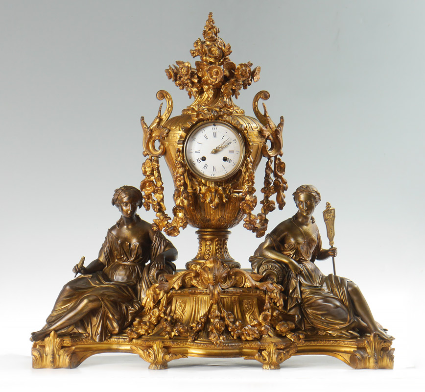 Appraisal: RAINGO FRERES FRENCH BRONZE FIGURAL CLOCK Gilt bronze body stamped